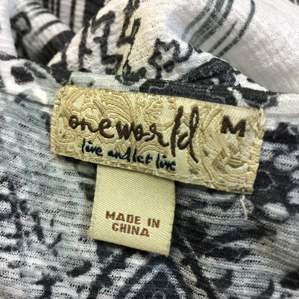 One World Blouse Top Size M Womans Black White Paisley Lace Trim Boho Cropped - Picture 10 of 15